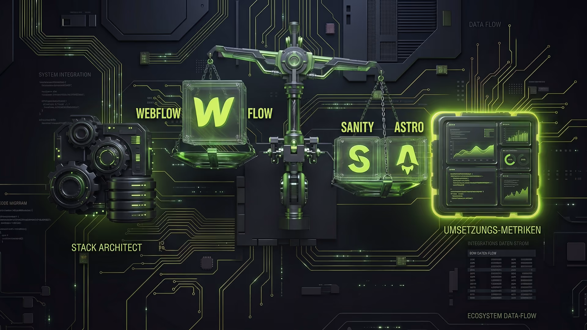 Logos von Webflow, Sanity und Astro auf einer Waage