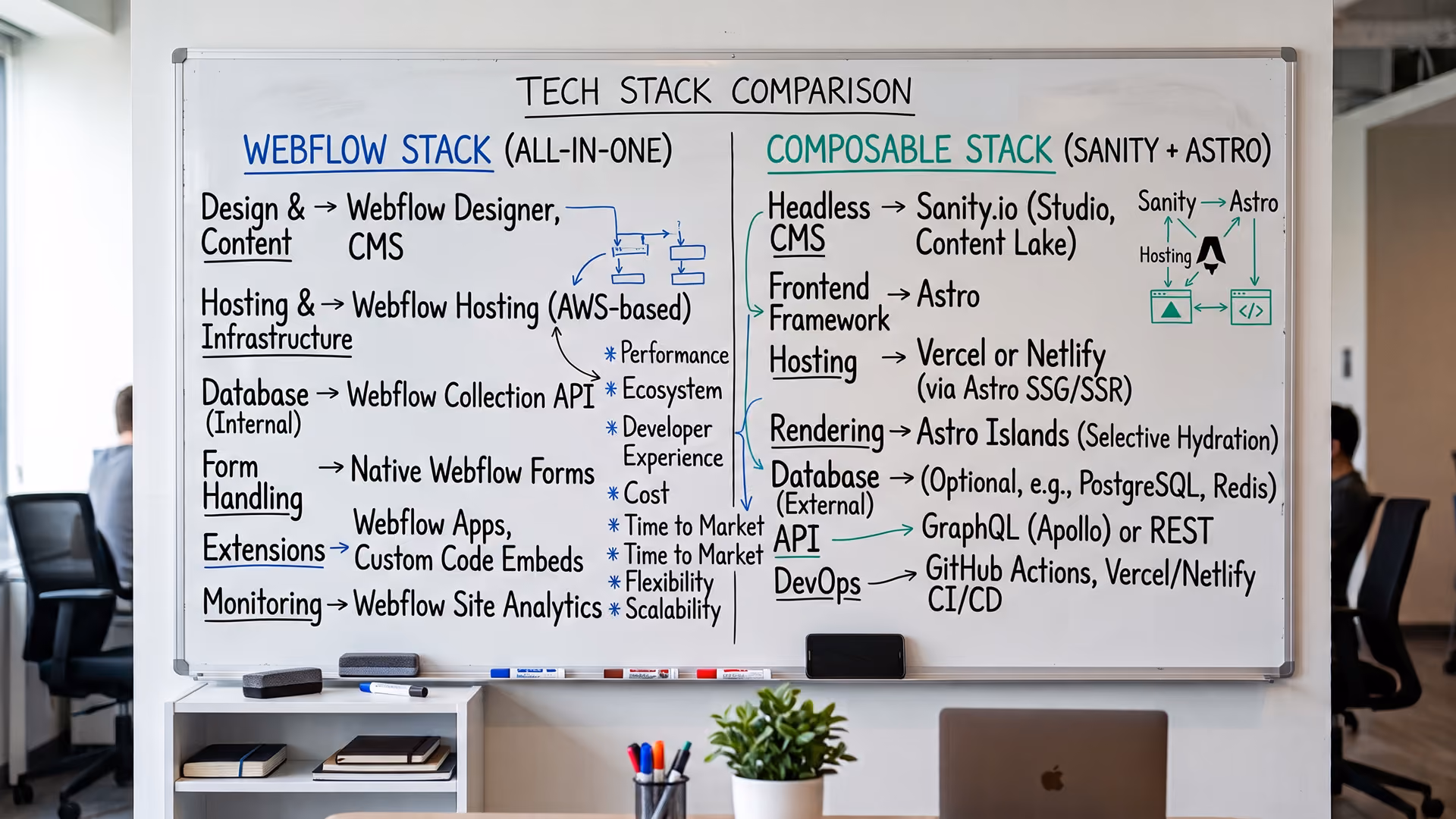 Vergleich zweier Tech-Stacks nebeneinander auf einem Whiteboard