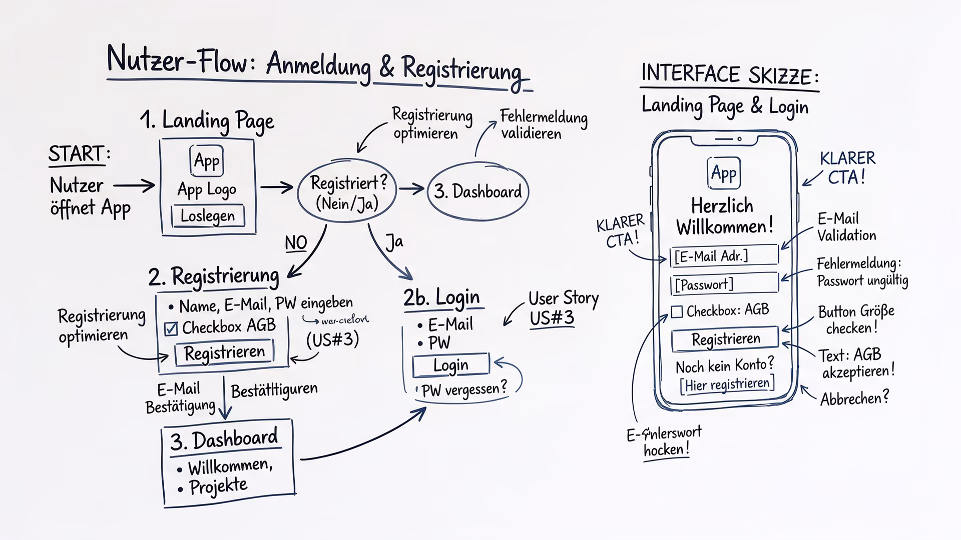 Skizze eines Nutzer-Flows mit handschriftlichen Notizen neben einem Interface
