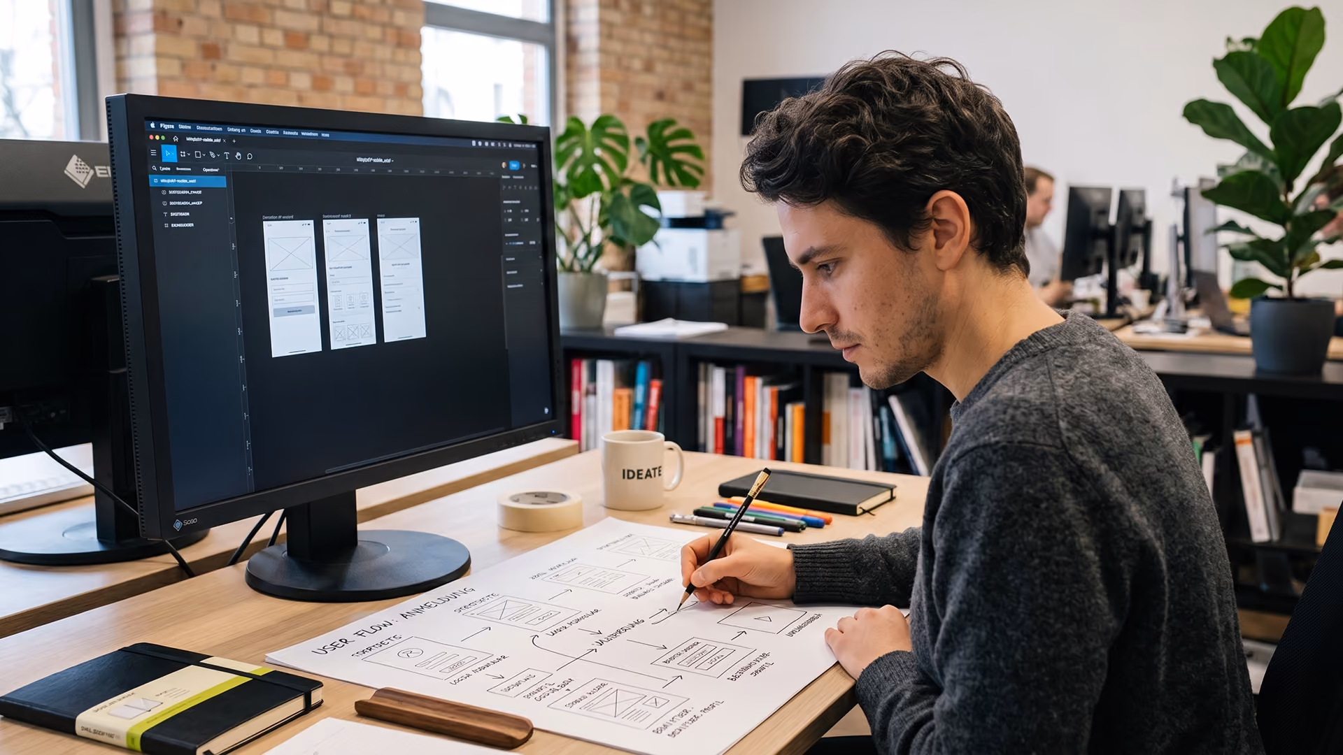Designer skizziert einen User-Flow auf Papier neben einem Bildschirm