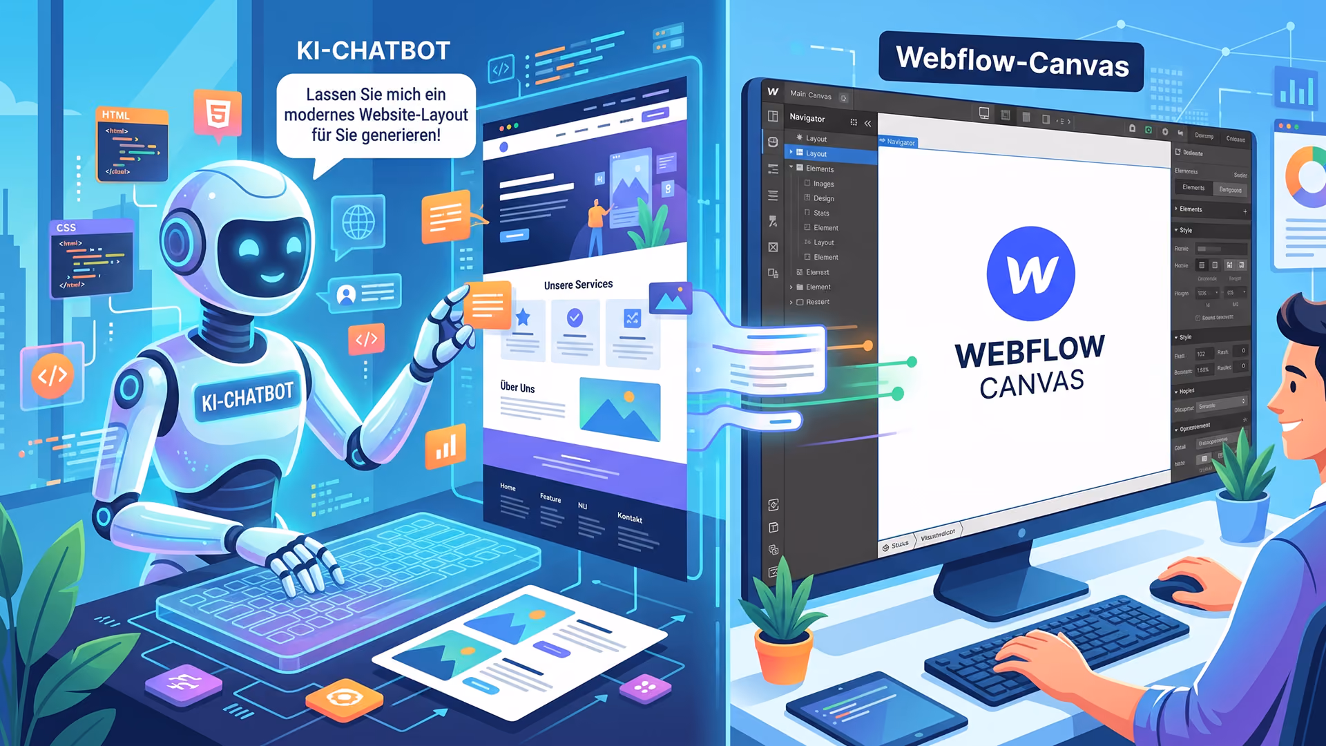 Illustration: KI-Chatbot generiert ein Website-Layout neben einem Webflow-Canvas
