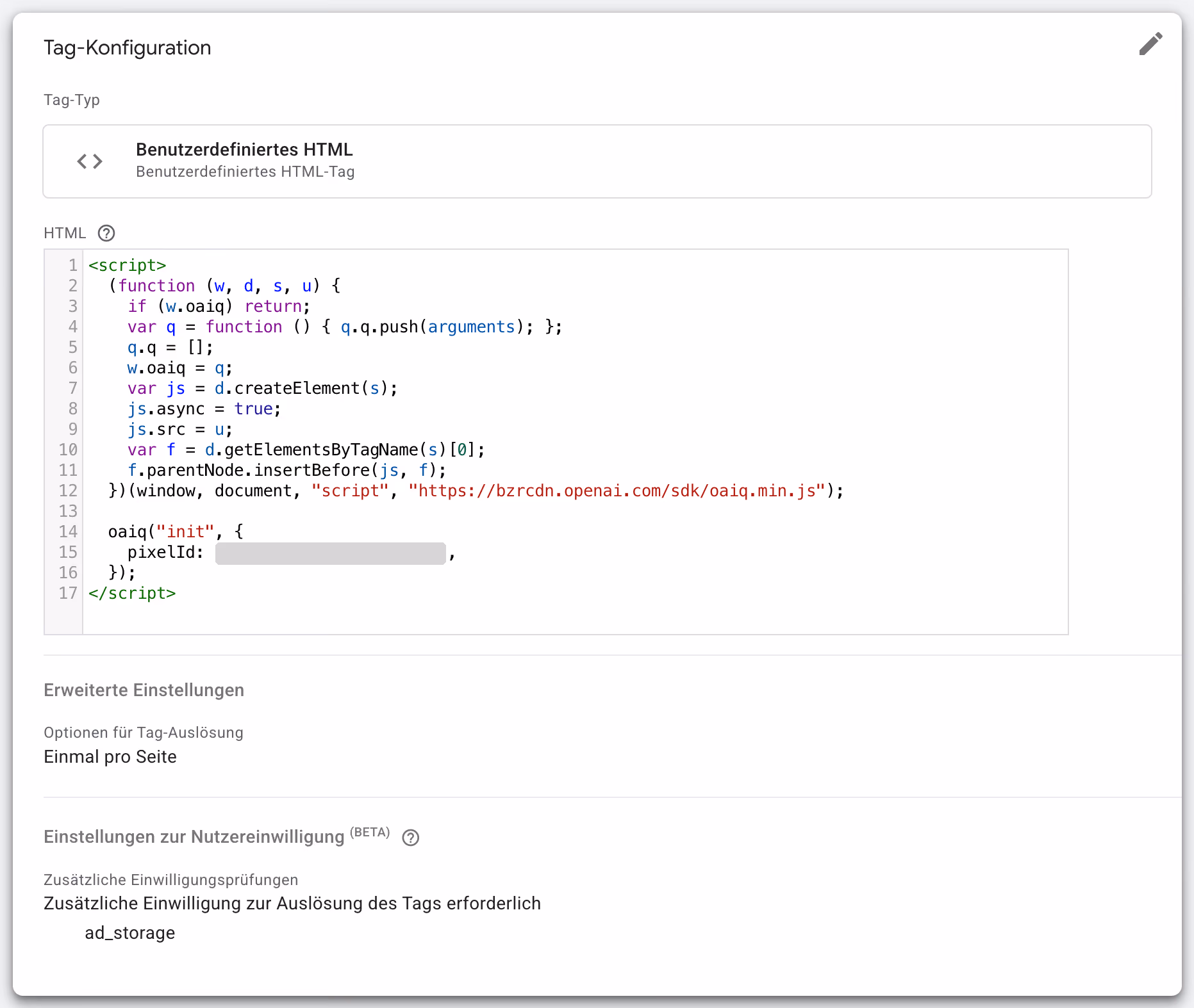 Google Tag Manager: ChatGPT-Ads-Pixel als benutzerdefiniertes HTML-Tag mit Einwilligungsprüfung ad_storage