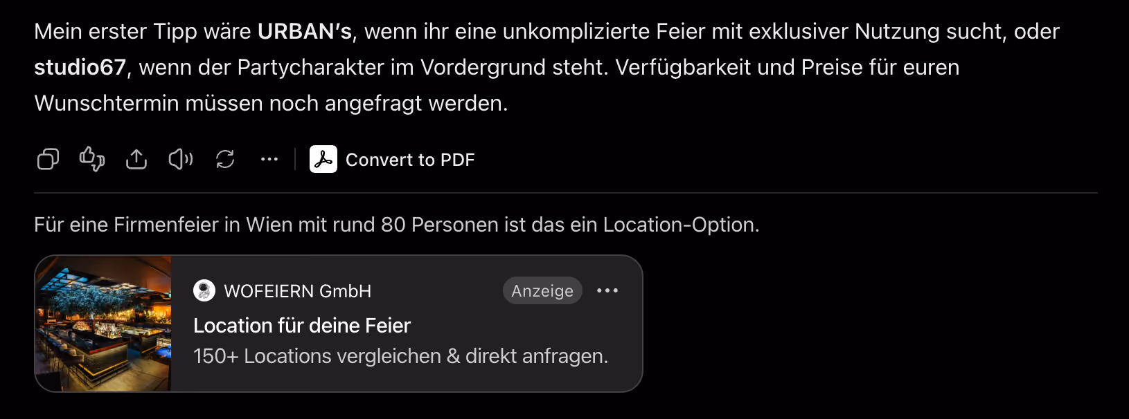 ChatGPT-Antwort mit einer als gesponsert gekennzeichneten Anzeige darunter