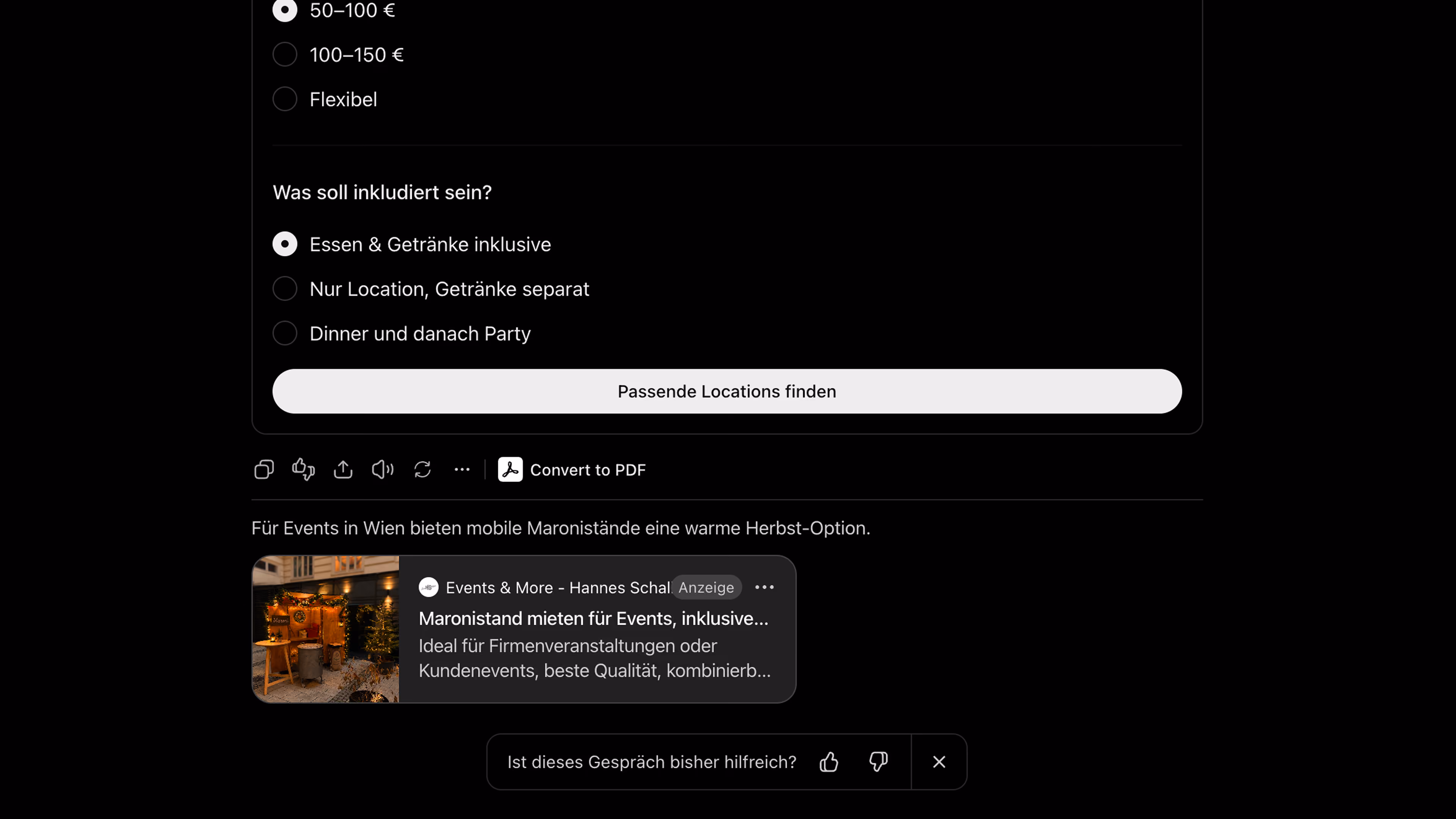 ChatGPT-Chatverlauf mit einer als gesponsert gekennzeichneten Anzeige unter der Antwort