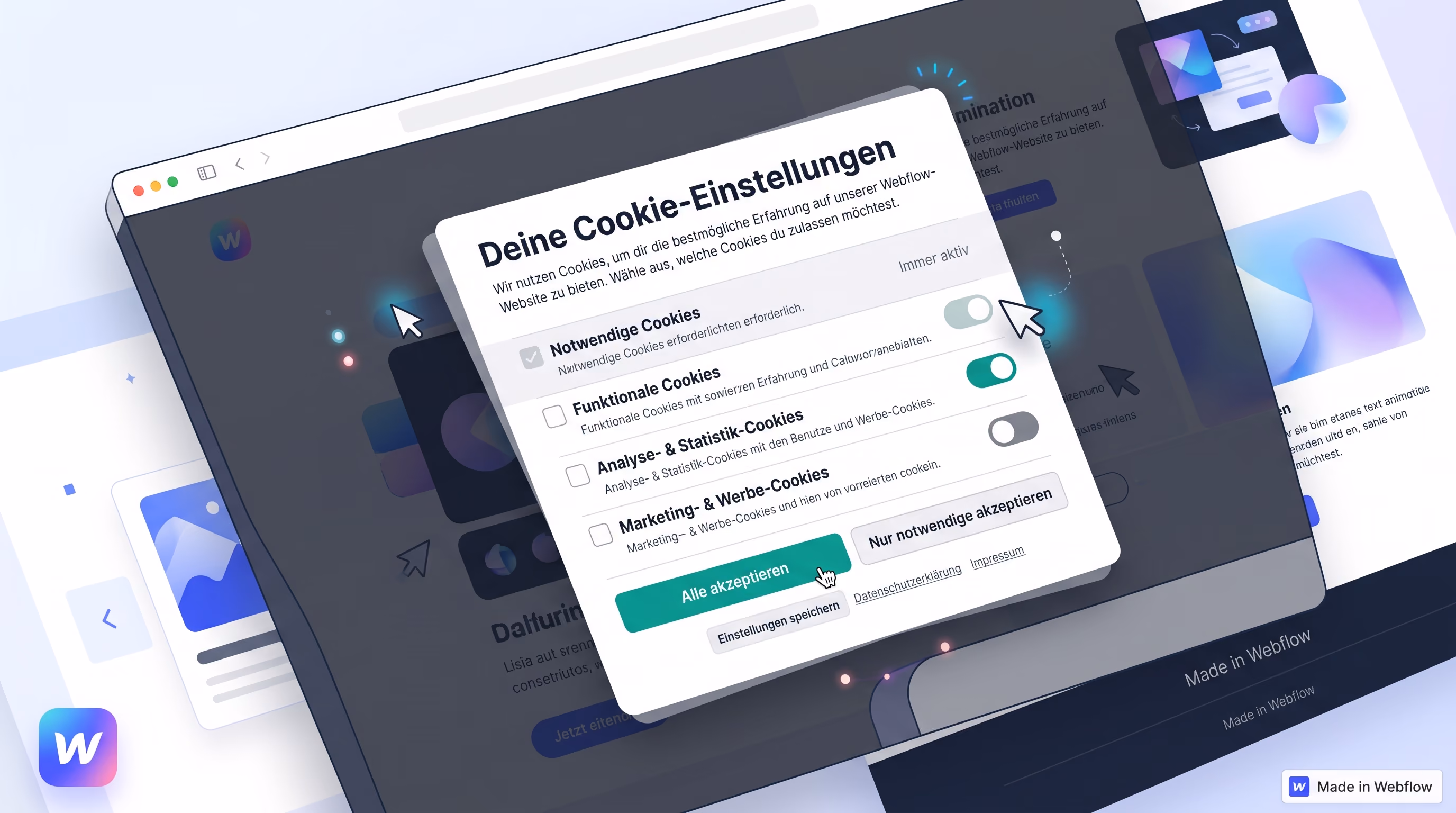 Illustration: Cookie-Consent-Banner mit Einstellungsdialog auf einer Webflow-Website