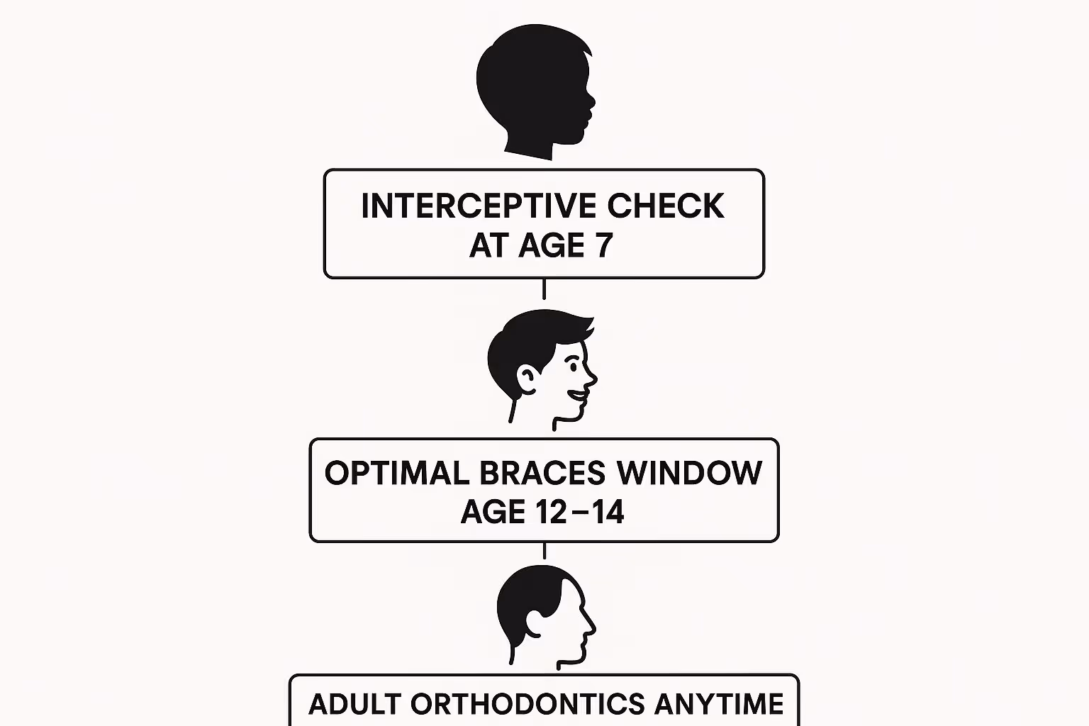 Infographic showing the three main orthodontic stages from early checkups to adult treatment