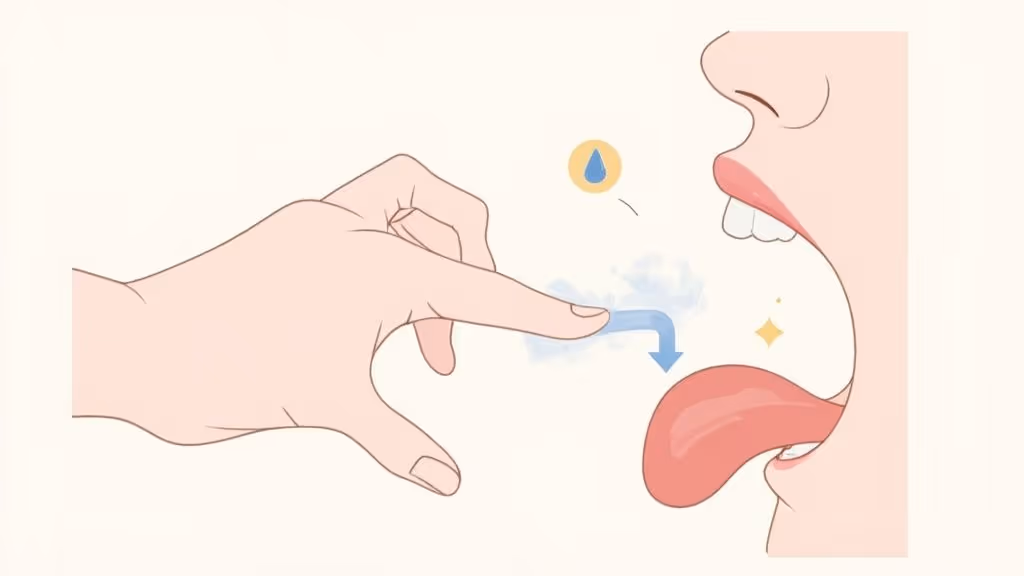 Person demonstrating how to use a tongue scraper on their tongue