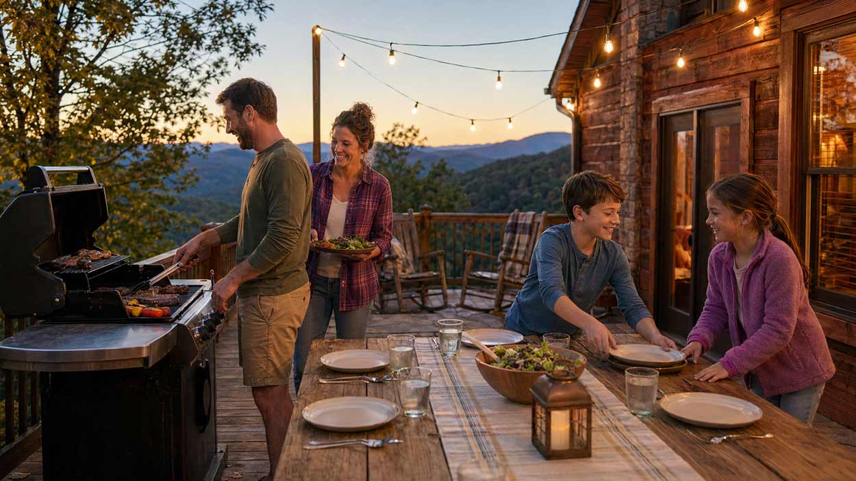 Family grilling on the deck in Sevier County