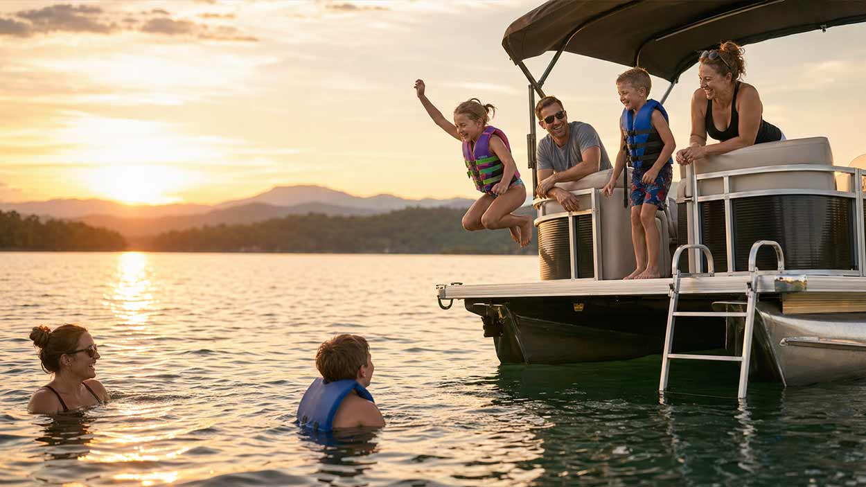 A family jumping into Doulas Lake from a pontoon boat.