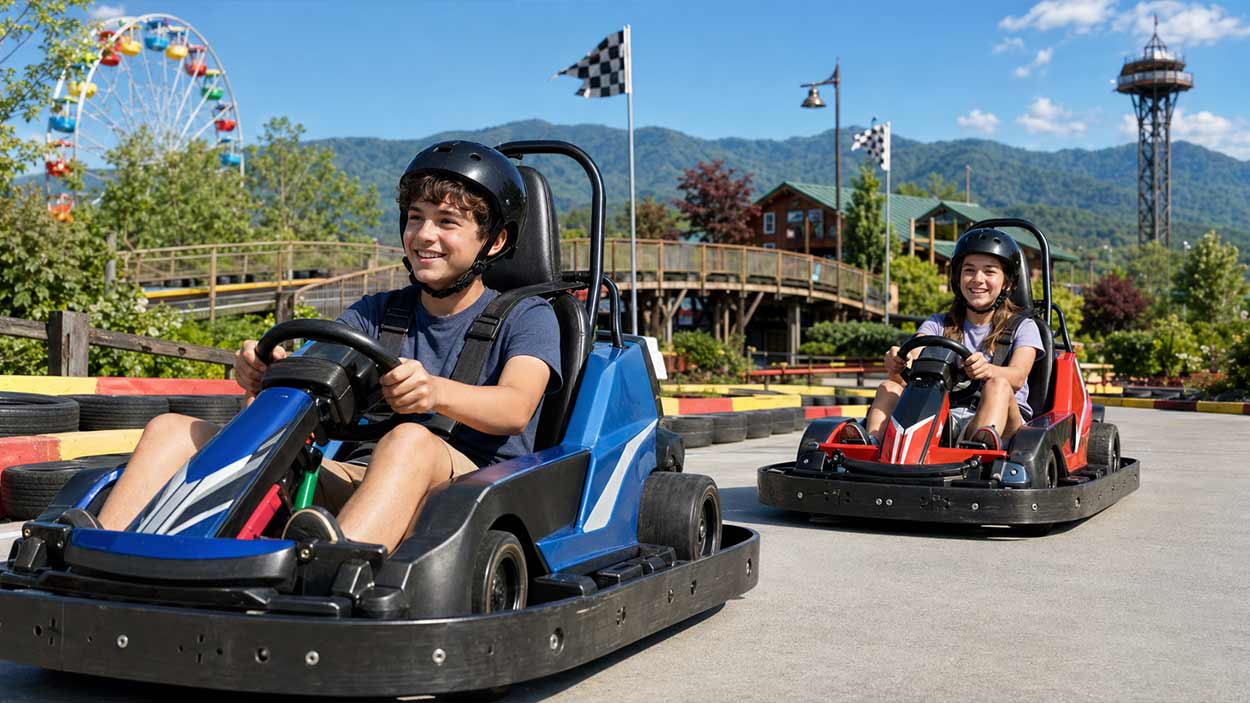 People riding go carts in Pigeon Forge, TN.