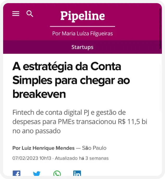 Captura de tela da notícia do Pipeline sobre a Conta Simples