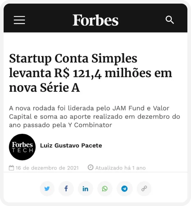 Captura de tela da notícia da Forbes sobre a Conta Simples