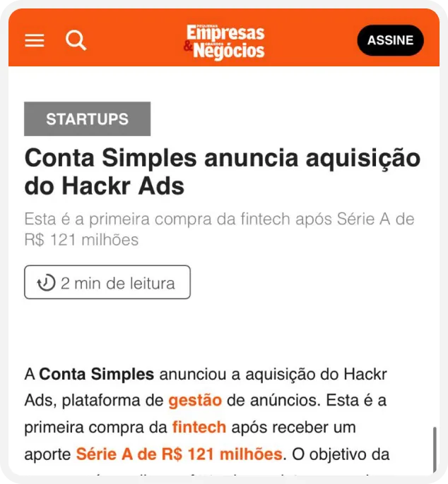 Captura de tela da notícia do Pequenas Empresas e Grandes Negócios sobre a Conta Simples