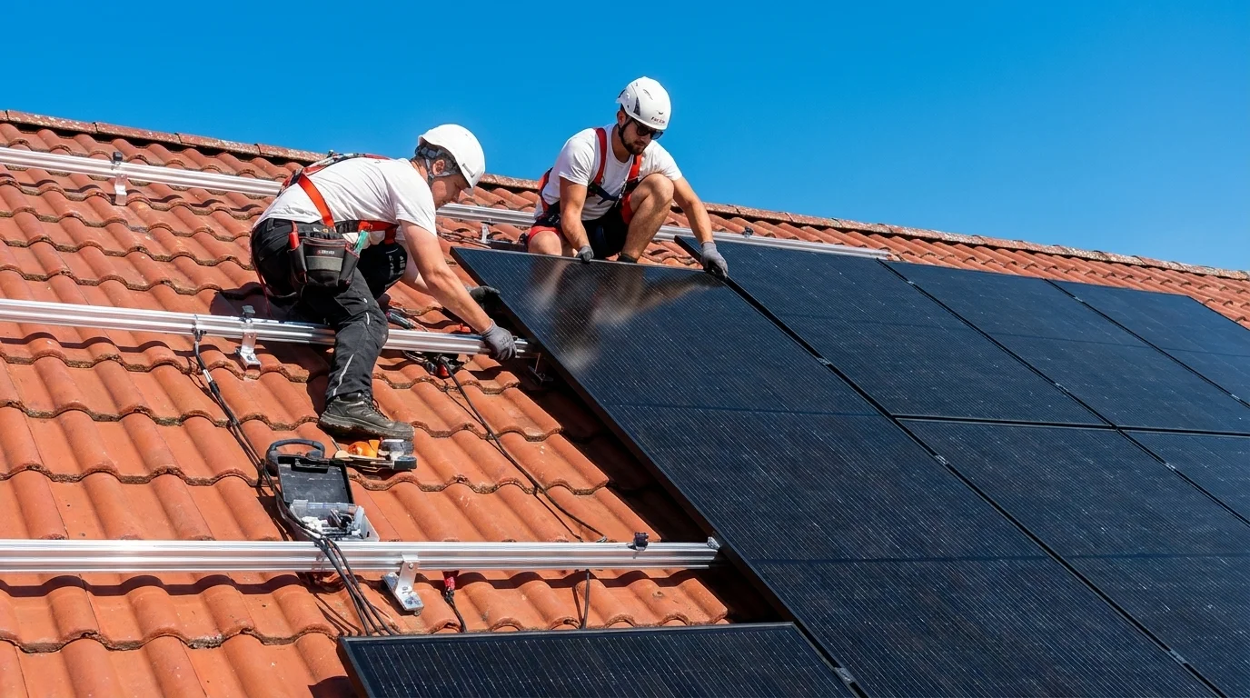 Zwei Arbeiter montieren Solarpaneele auf einem roten Ziegeldach bei klarem Himmel.