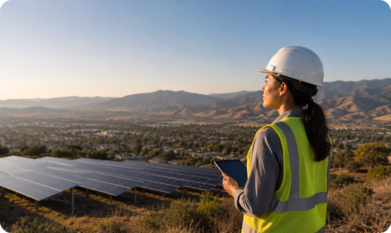 Commercial solar installer monitors renewable energy performance on a tablet.
