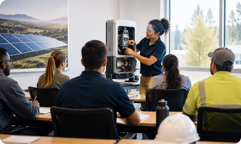 Lecturer delivers solar training program to several students seeking a solar installation certification.