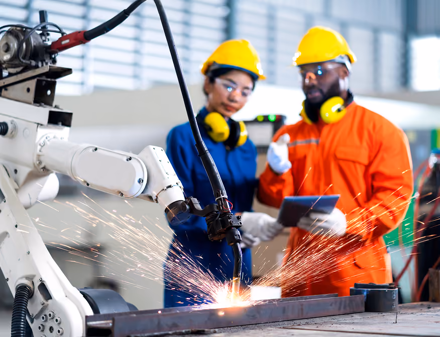 Welder and machine operator working with manufacturing equipment at a welding job.