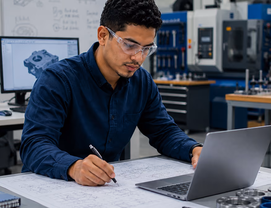 Manufacturing engineer position requiring reviewing product design and production efficiency data using software.