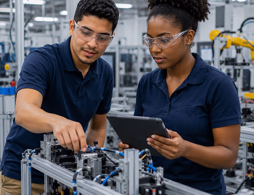 An industrial engineering technologist and technician work to evaluate system performance and efficiency improvements in a manufacturing facility.
