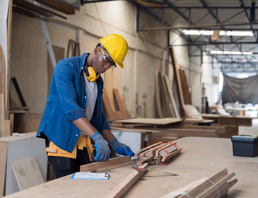 A man measures wood panels as part of a career in carpentry.