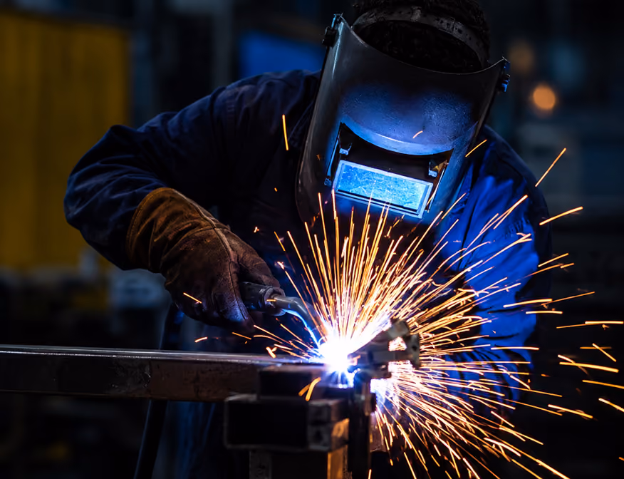 Welder fabricating steel parts in an industrial fabrication shop.