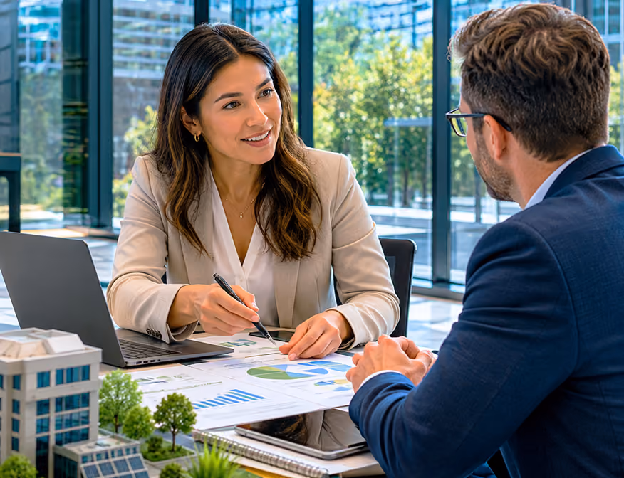 A LEED specialist explains sustainable building practices to a colleague pursuing an energy efficiency career.