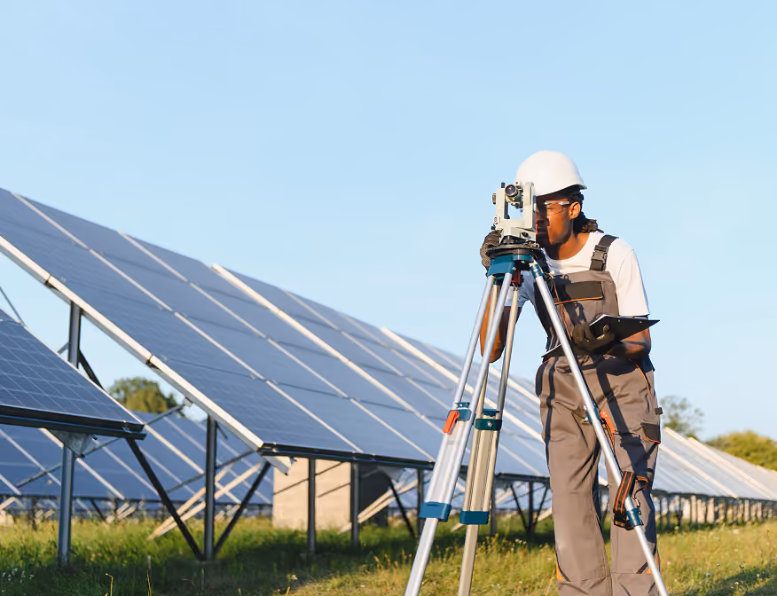 Surveying and mapping technician collecting field data at a solar site using GPS and surveying equipment.