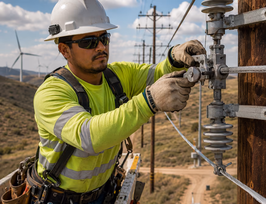 Powerline installer working on electrical transmission lines at a Bernardino utility site.