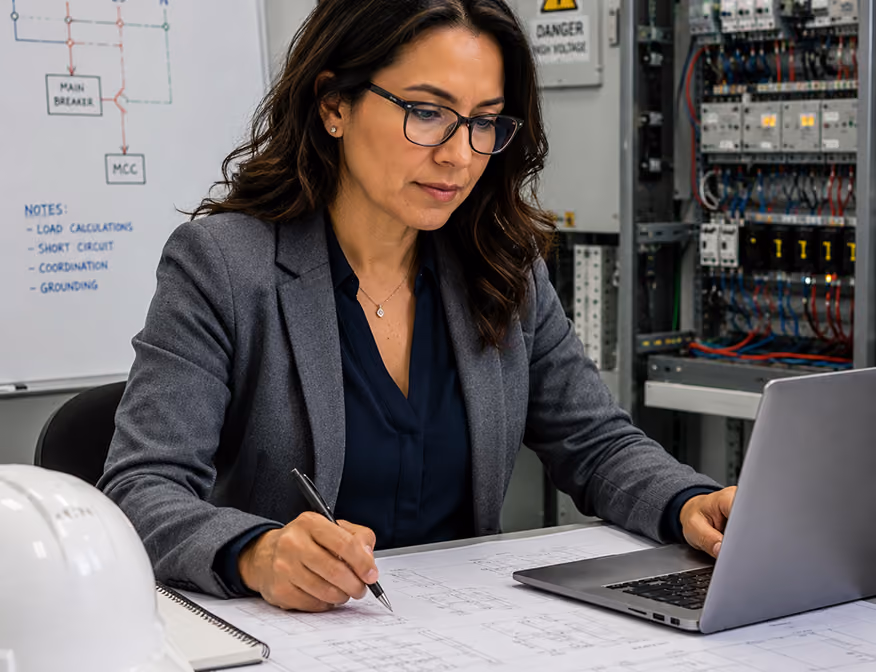 Electrical engineer analyzing electrical infrastructure plans and technical data as part of her California clean energy job.
