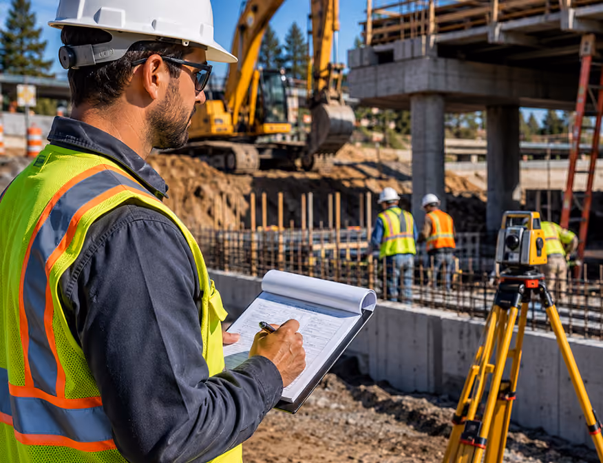 Construction worker takes on senior construction job responsibilities, reviewing infrastructure work on a California clean energy project.