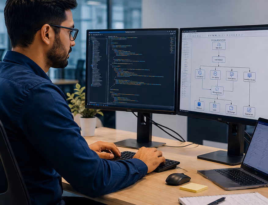 Computer systems analyst reviewing energy data and system performance on multiple monitors.