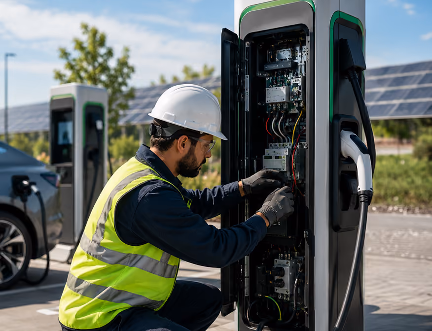 Professional working on EV charging infrastructure, supporting careers in clean energy and transportation electrification.
