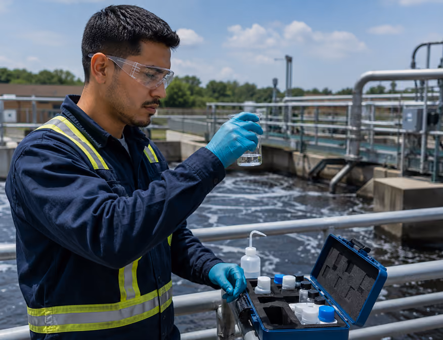 Wastewater technician testing water quality during facility operations.