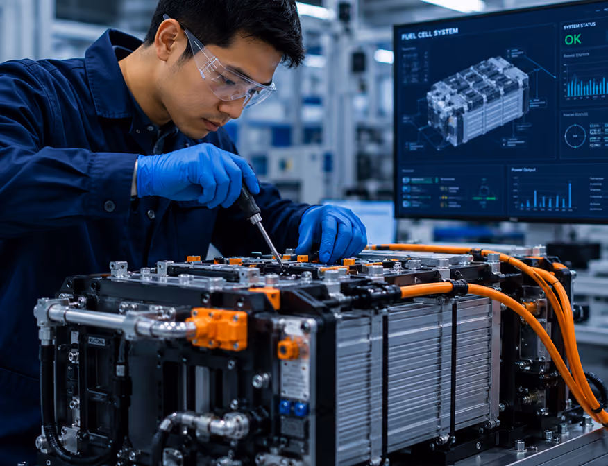 Battery energy storage engineer working on fuel cell equipment in an industrial setting.