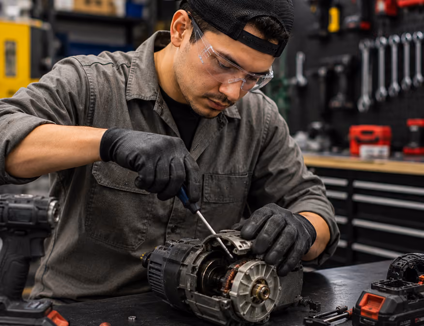 Battery energy storage technician using power tools to repair battery motor.