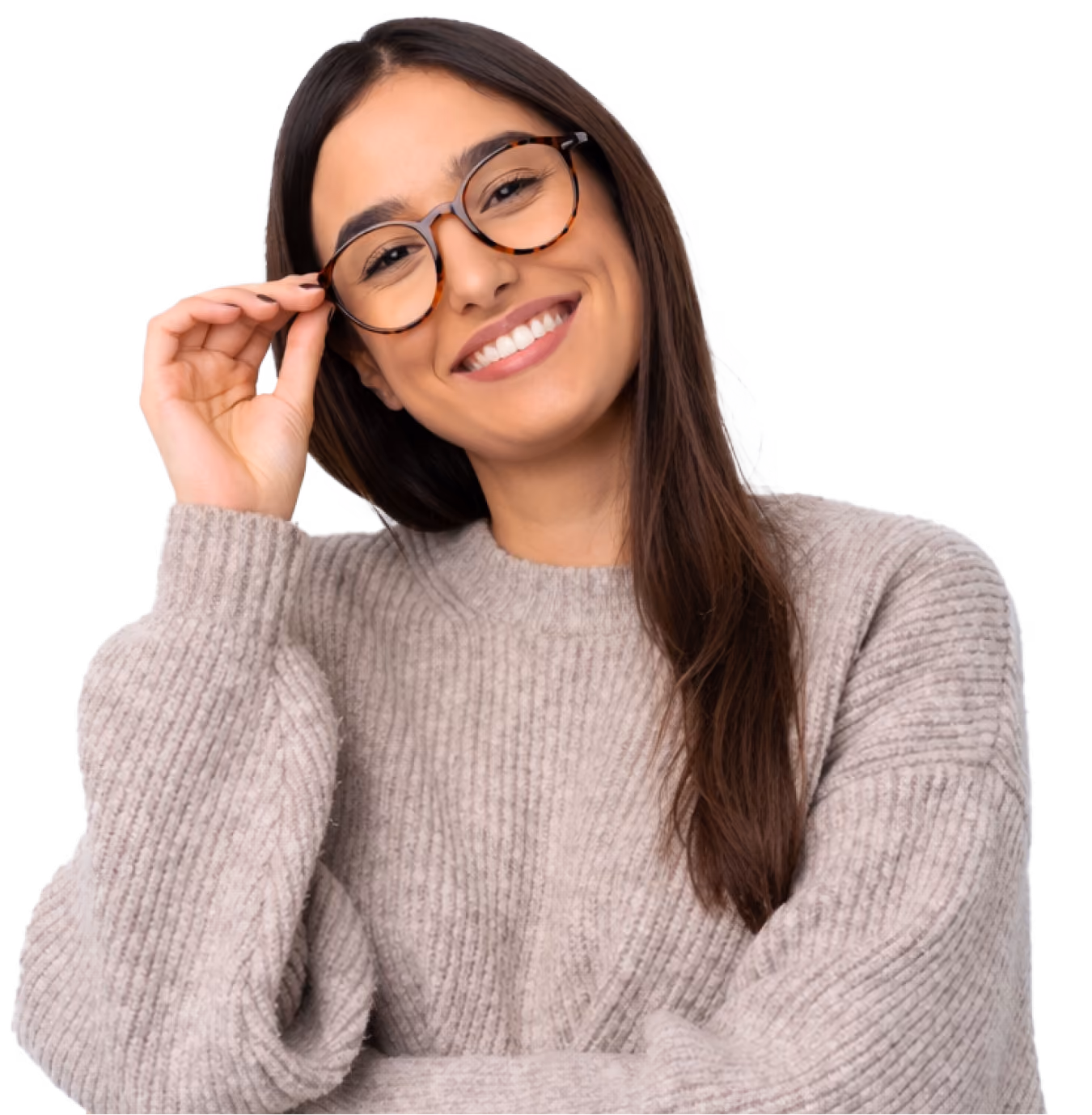 Woman with grey sweater and glasses
