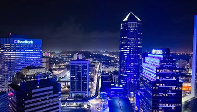 A dramatic shot of Jacksonville's skyline at night