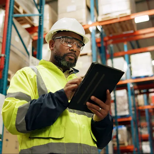Man in warehouse wearing safety vest working on a tablet