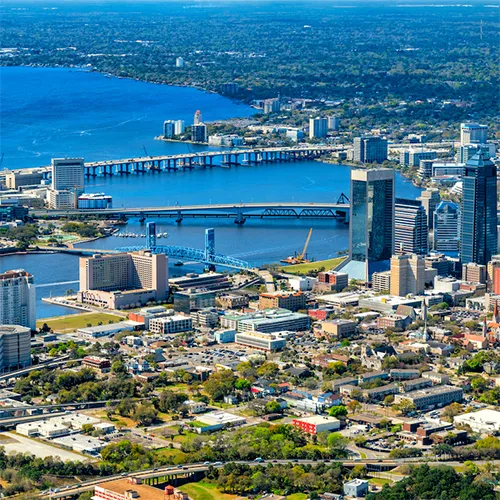 Wide aerial shot of Jacksonville bridges