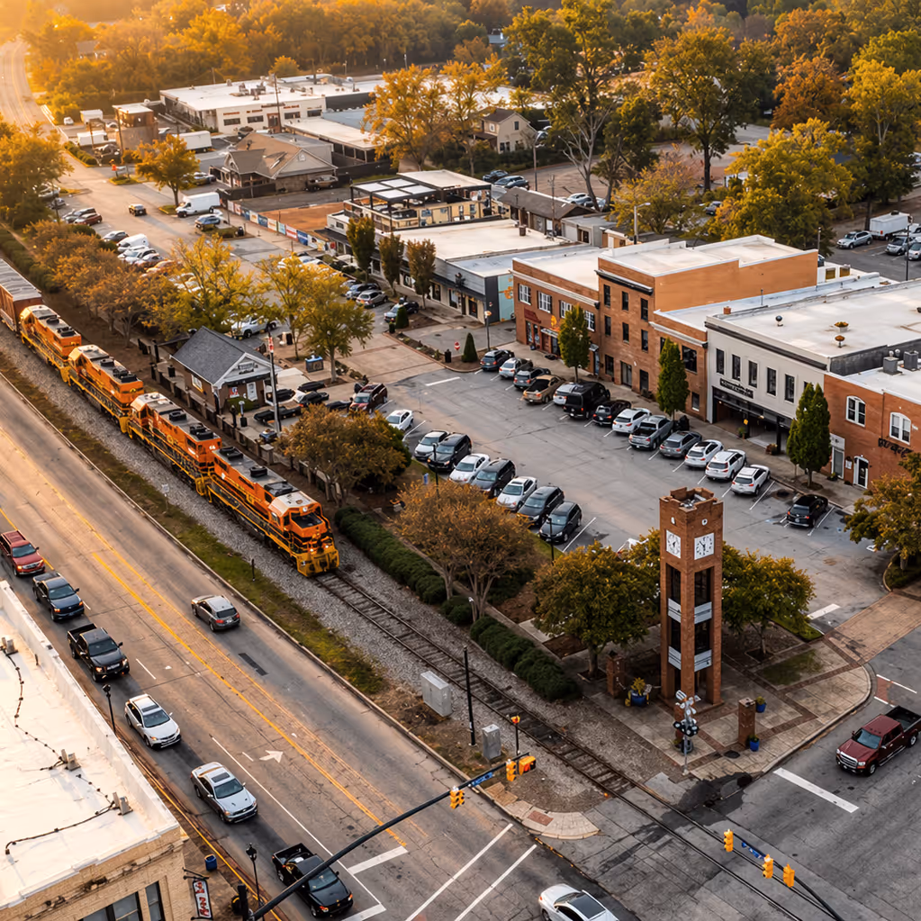 Aerial view of Simpsonville with a prominent clock tower, parked cars, buildings, and a passing freight train on adjacent tracks.