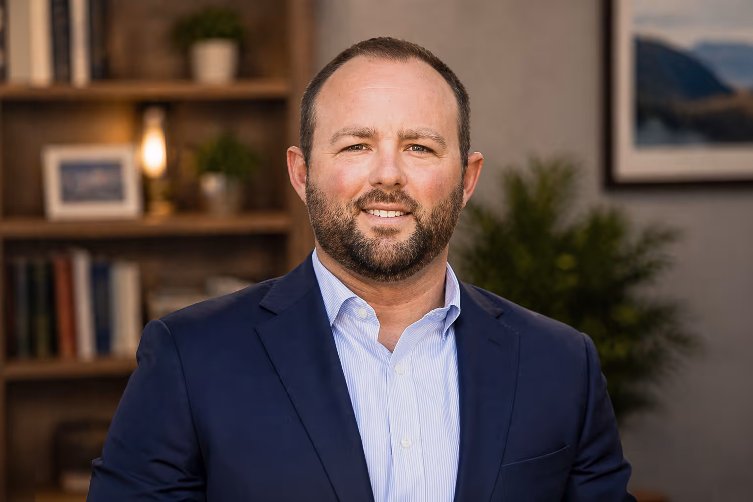 A headshot Justin McCormick of The Home Team, smiling in a navy blazer and white shirt in a warmly lit office setting