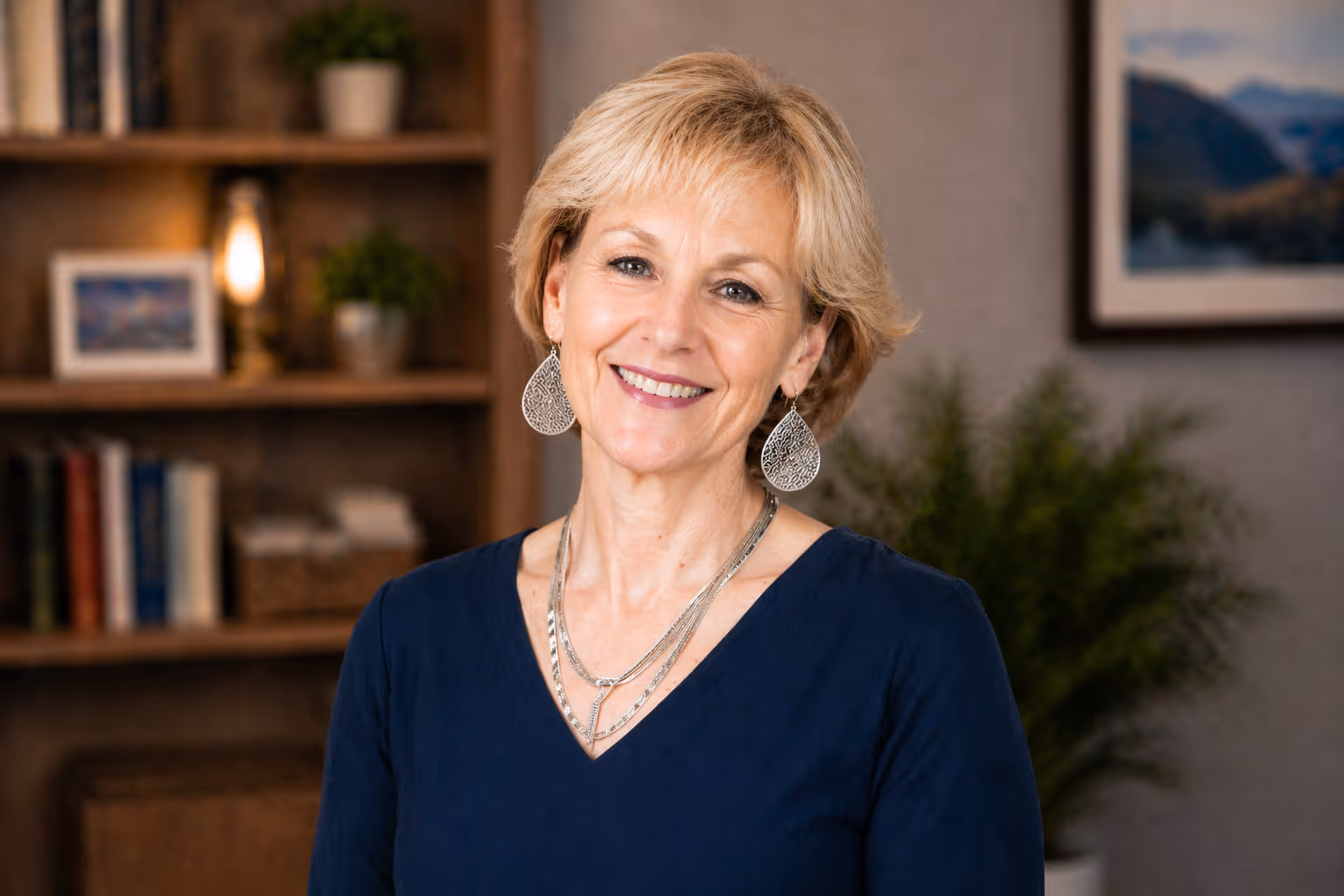 A headshot of Debra McCormick of The Home Team, smiling in a navy blouse with a softly blurred office background