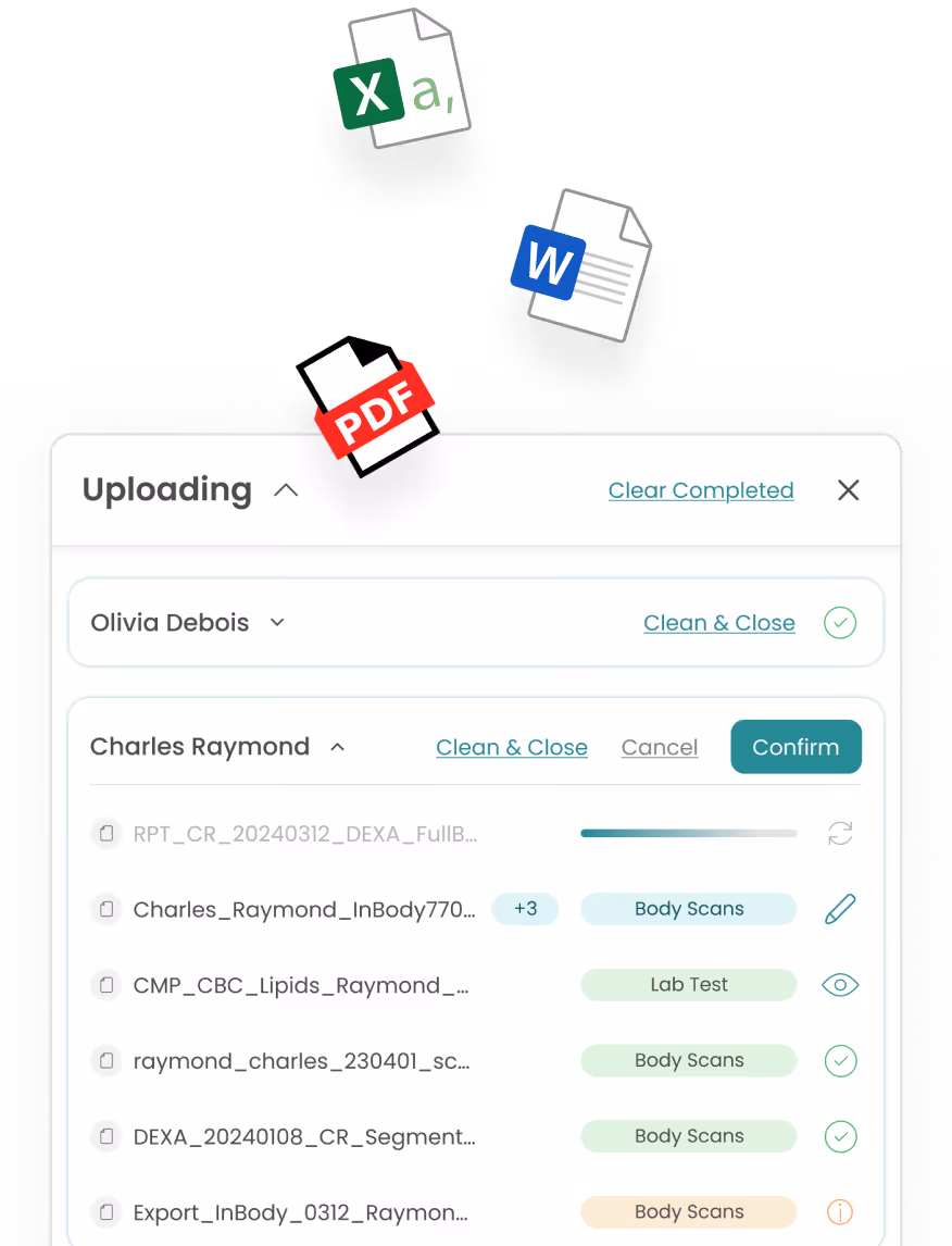 Various file types being uploaded into Longevity AI, automatically categorized, and queued for review.