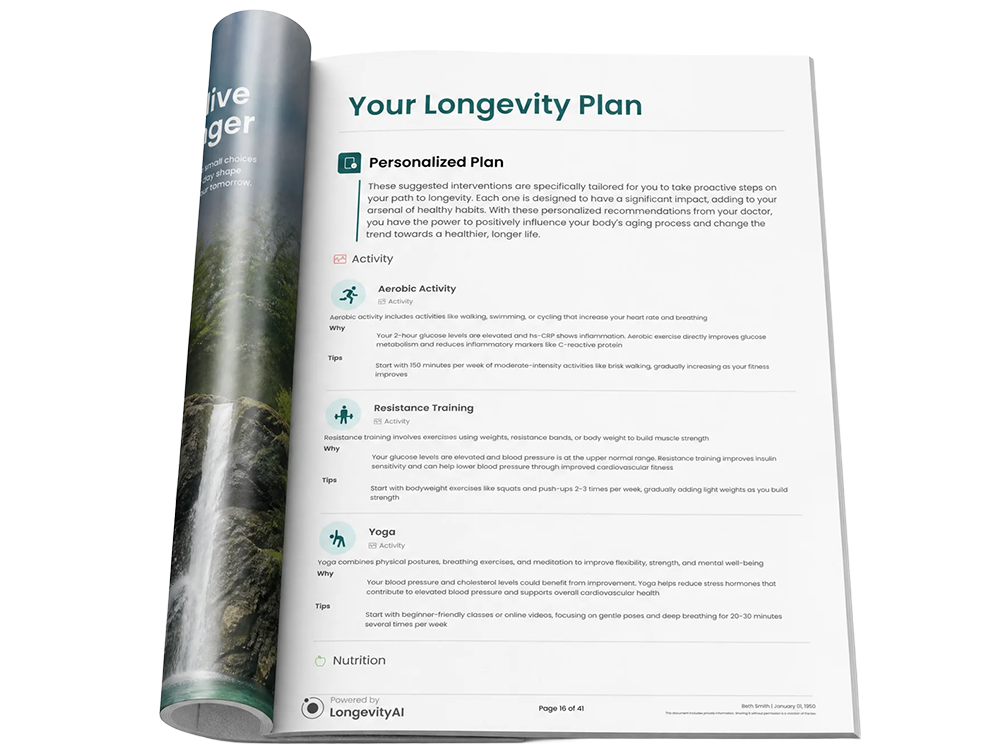 Open booklet showing a longevity plan with sections on aerobic activity, resistance training, yoga, and nutrition advice.