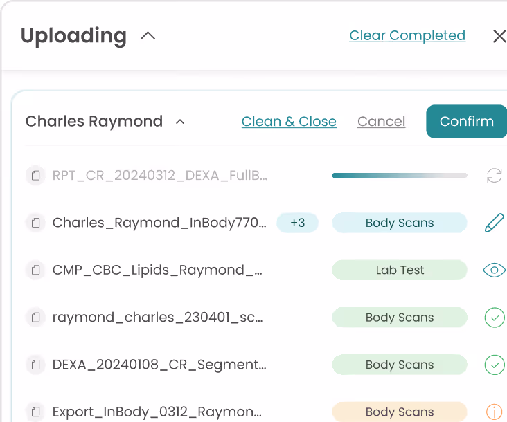 Uploading interface showing files under Charles Raymond with status buttons for Body Scans and Lab Test.