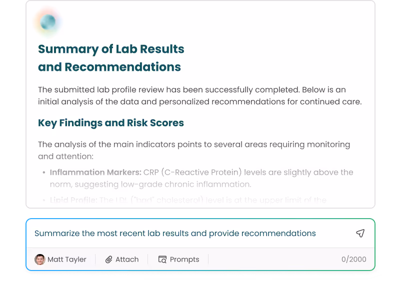 Summary of lab results highlighting key findings, risk scores, and recommendations for continued care.