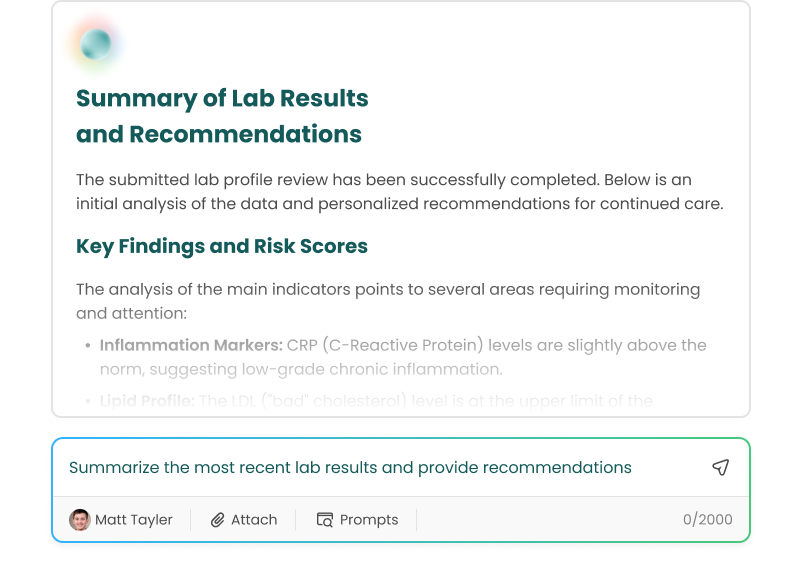 Summary of lab results highlighting key findings, risk scores, and recommendations for continued care.