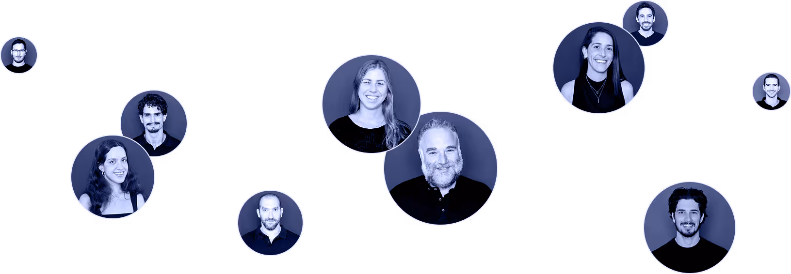 Network of connected circular portraits showing diverse smiling men and women on a dark background.