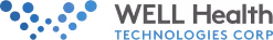 WELL Health Technologies Corp logo with blue dot pattern and company name in gray and blue text.