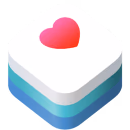 Apple Health app icon with a red heart on layered white and blue squares.